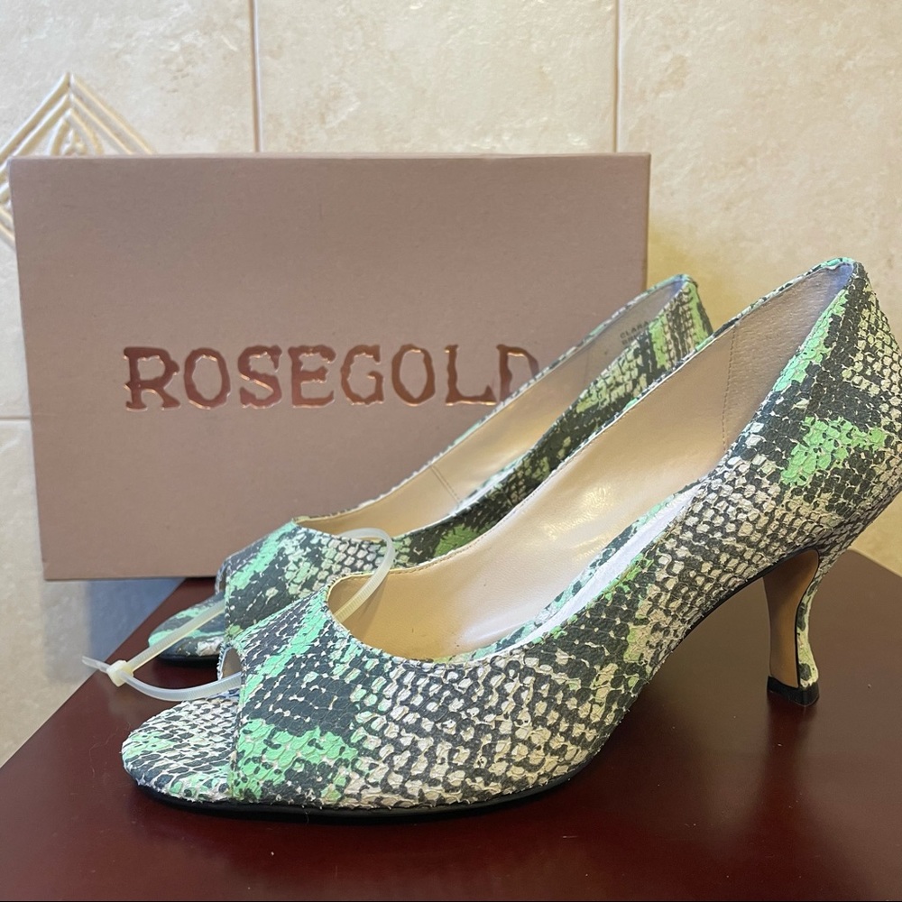NIB GREEN & BLACK SNAKE OPEN-TOE SHOES SANDALS HEELS Rosegold Brand US SZ 8.5